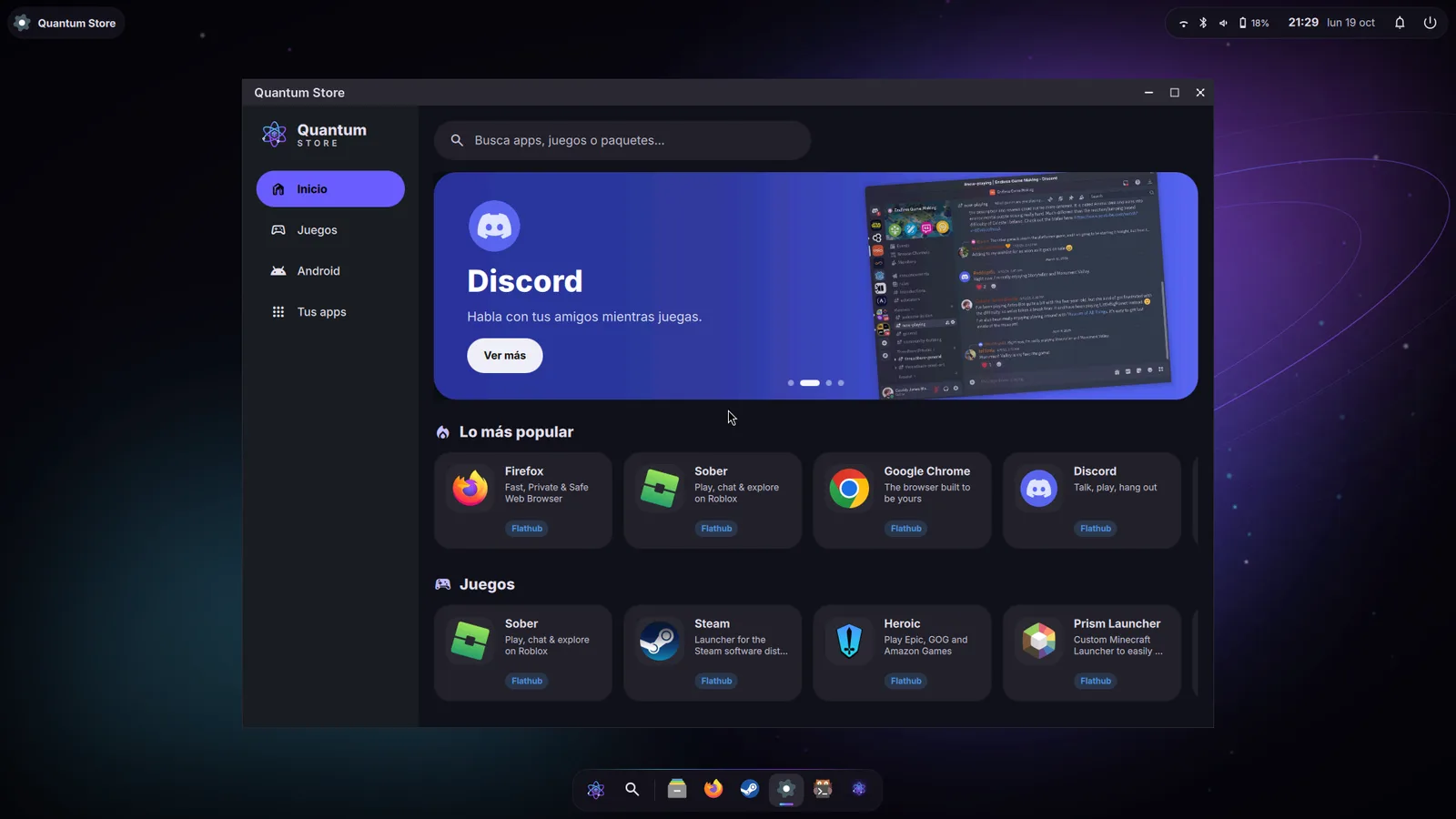 Escritorio de Quantum Linux con Quantum Store abierta y la barra de tareas abajo
